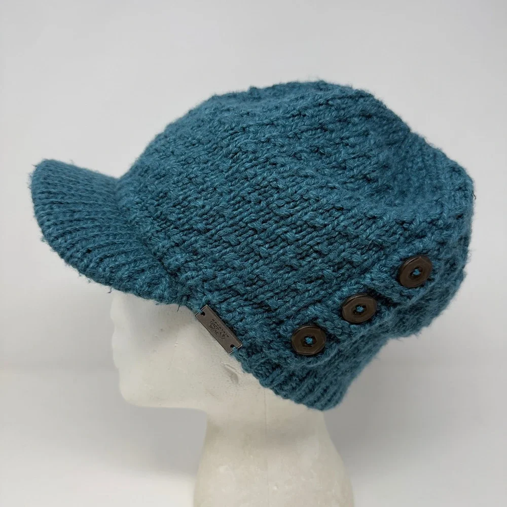 Mountain Hardwear Teal Blue Chunky Knit Visor Beanie Hat with Buttons Logo Large